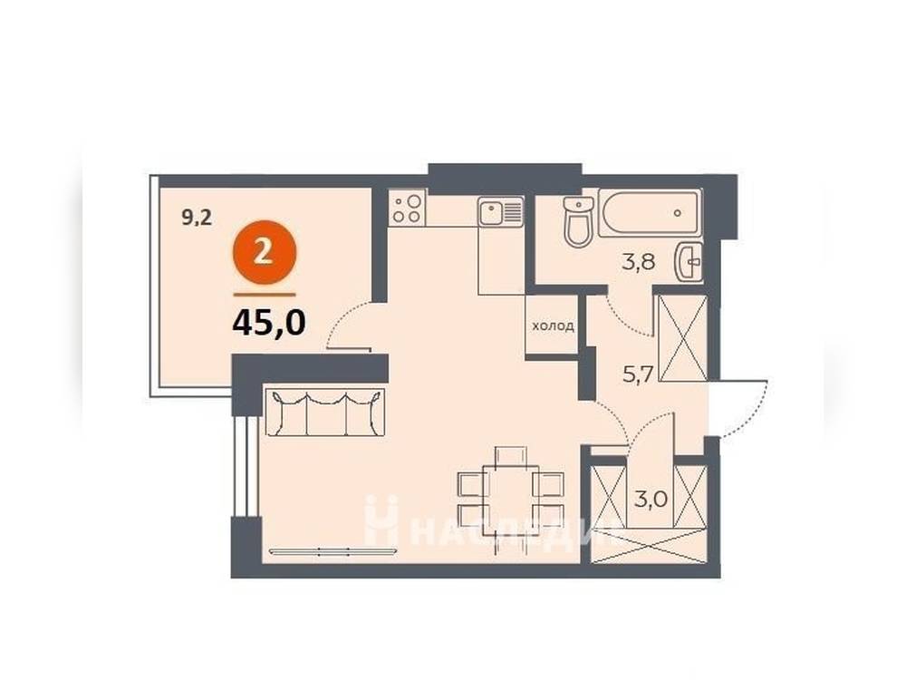 2-комнатная квартира, 45 м2 9/18 этаж, Военвед, ул. Оганова - фото 9